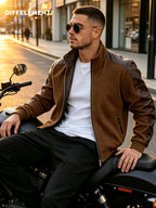 DIFFELEMENT Men's Casual Stand Collar Corduroy Jacket, Soft Waffle Fabric, Color Block Patchwork Design, Stand-Up Full Zipper Jacket, Wrinkle-Resistant with Ribbed Cuffs, Windproof, Lightweight and Warm Outerwear, Regular Fit, Suitable for Daily - Dark Brown
