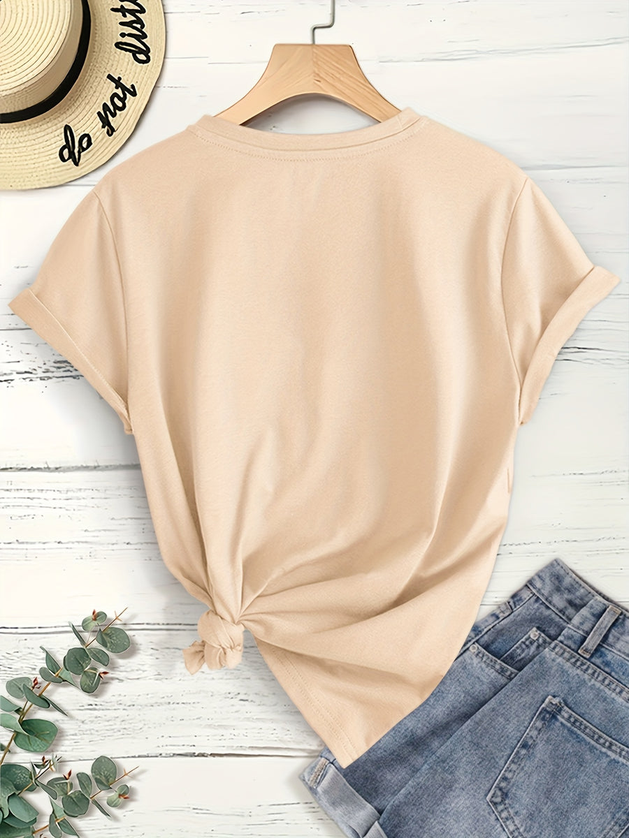 Women'S Elegant Short Sleeve, Cui Di Good Morning Morning Coffee Style Print, Soft Stretch Round Neck Casual Retro Style Top, Warner Bros. Licensed, Suitable for Spring Summer Autumn Daily And Vacation Wear, S-XXL Size - Apricot