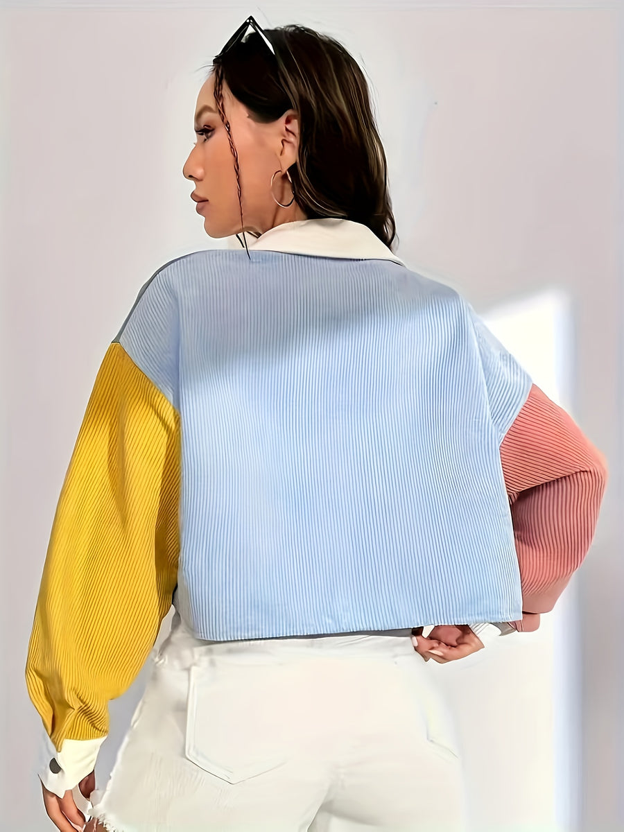 Stylish Color-block Flannel Jacket with an Elegant Collar, Women's Casual Blazer, Available for Spring, Summer, and Autumn, Featuring Pocket Details, Fabric, from the Elegant Collection - Mixed-color