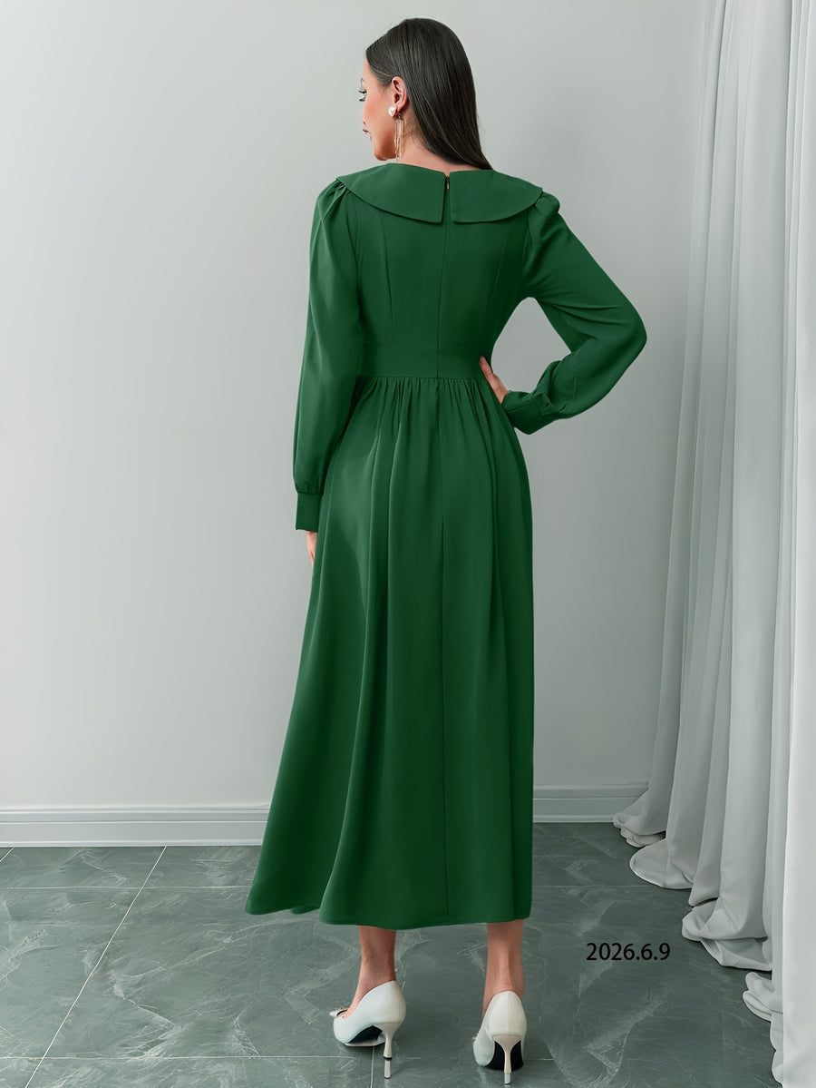 Vintage Lapel Heavy Craft Embroidered Long Sleeve Dress - Dark Green