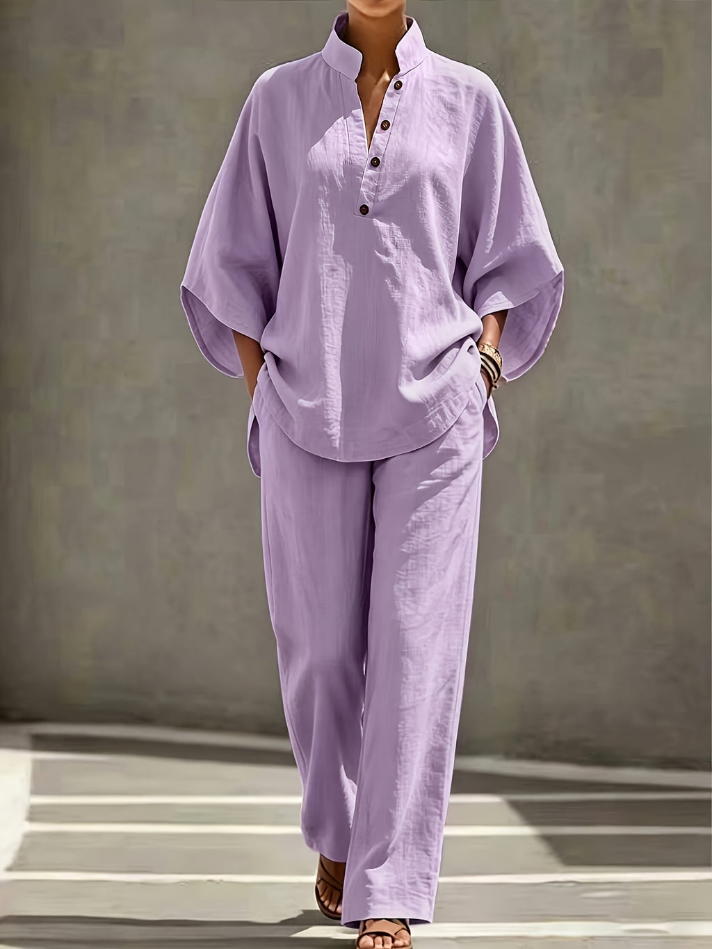 [PLMM] Spring Autumn Winter Women'S Fabric Button Short Collar Fashion Casual Two-Piece Long Pants Set - Violet