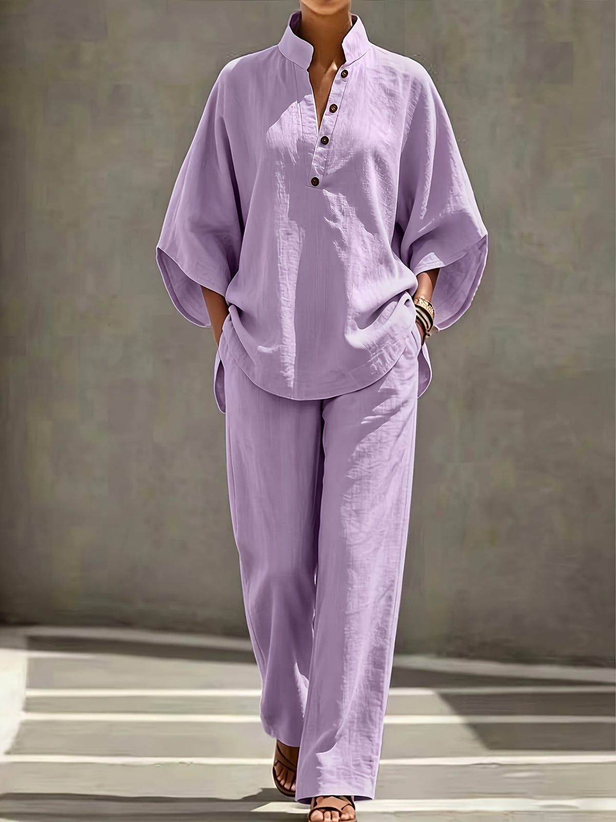 [PLMM] Spring Autumn Winter Women'S Fabric Button Short Collar Fashion Casual Two-Piece Long Pants Set - Violet