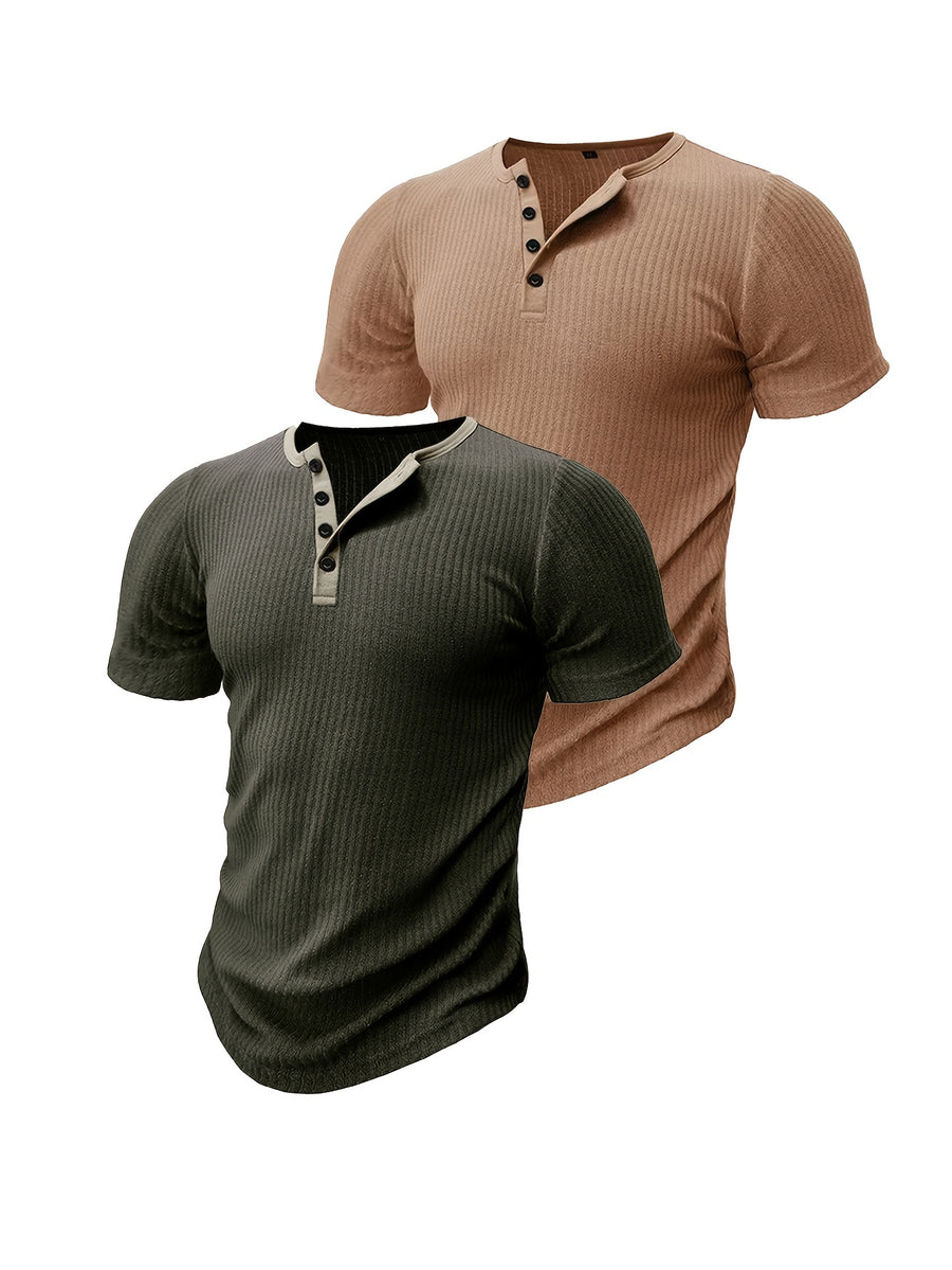 Men's Casual Slim Fit Henry Shirt Short Sleeved T-shirt Moisture Absorption and Sweat Wicking Breathable, Soft and Skin Friendly A Must-have for Summer 2pcs Set for - Khaki With Army Green