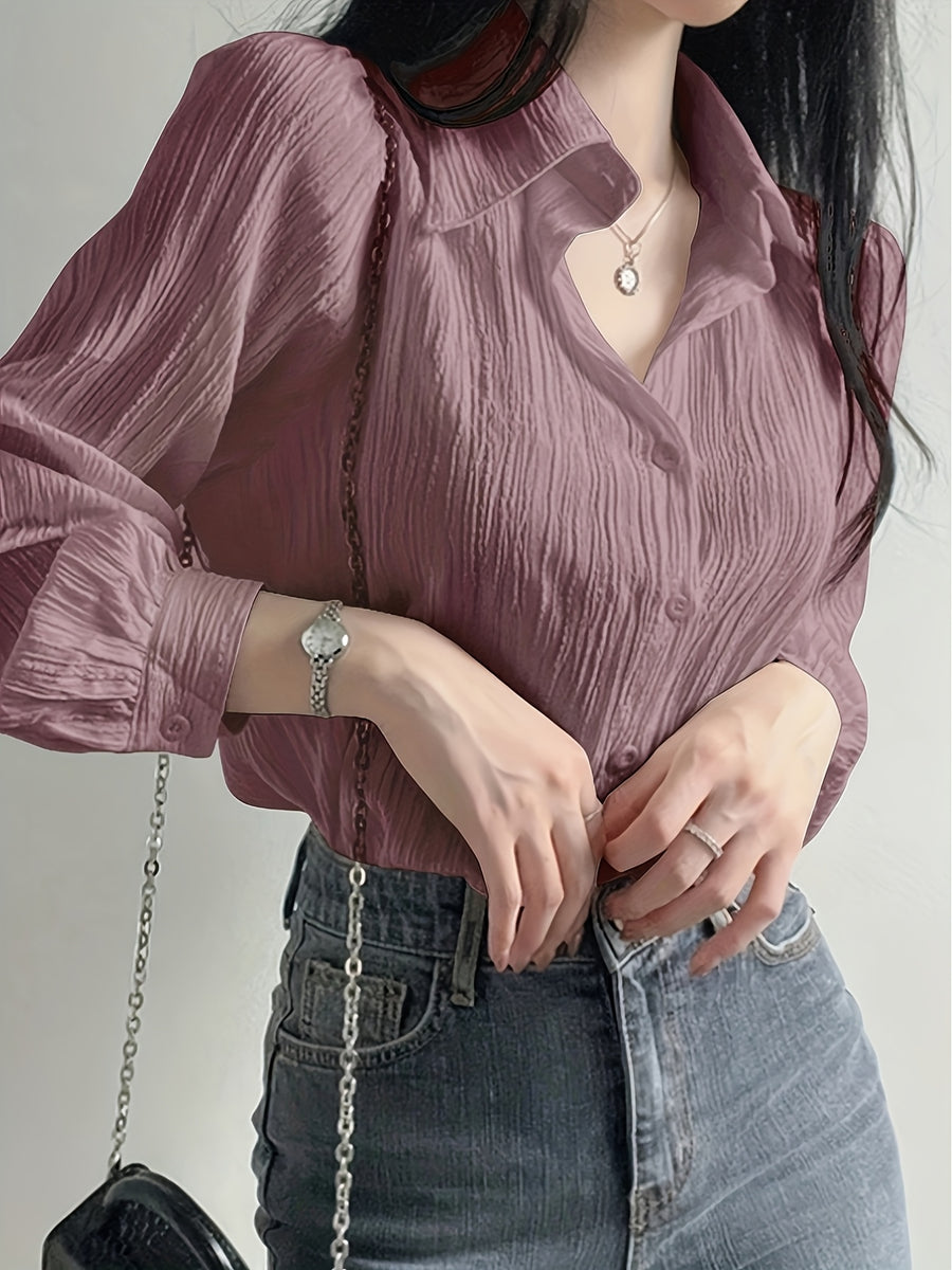Solid Color Shirt Women'S French Long Sleeve Blouse Jacket Autumn Winter Thin Women'S Clothing Design-Oriented Shirt Top - Purple