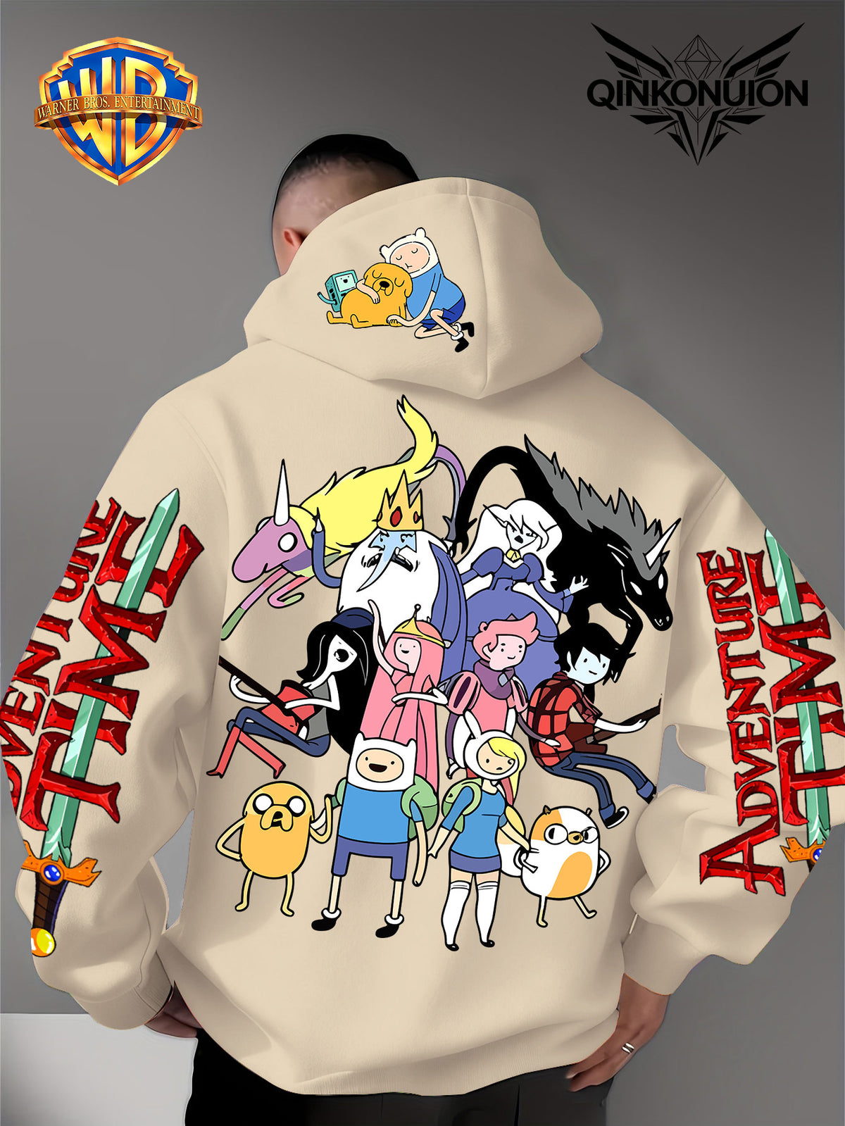 Warner Official Men's Hoodie, Adventure Treasure Full Character Gathering Adventure Print Design, Machine Washable, Warm and Casual for Autumn and Winter, Daily Drawstring Hoodie, Multifunctional Sports and Casual Loose Fit - Apricot