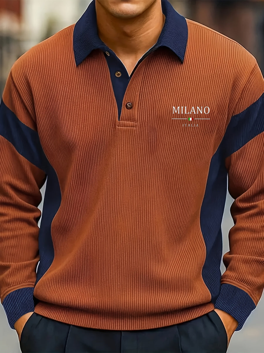 Pearson OBM Spring/Autumn Men's New Chic Color-Block Printed Lapel Polo Shirt, Versatile and Stylish, Suitable for Daily Casual Wear and Various Outdoor Occasions - Caramel-M