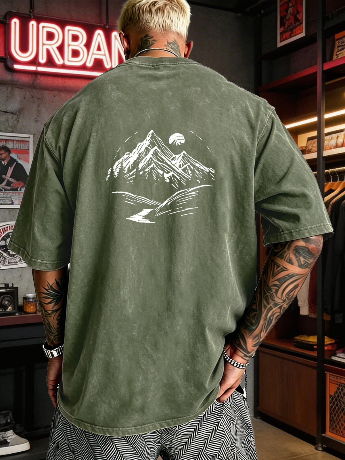 Men's Heavyweight T-Shirt Washed Distressed Fashion Print 2026 Summer New Urban High Street Hiphop Style Vintage Acid Wash Casual Gym Workout Top Pure Cotton Breathable Base Shirt - fern green