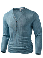 Men's Fashion Top, Autumn/Winter Outdoor Casual Base Layer, Textured Ribbed Fabric, Solid Color V-Neck Button-Up Long Sleeve Henley Shirt with Patch Pocket - Light Blue