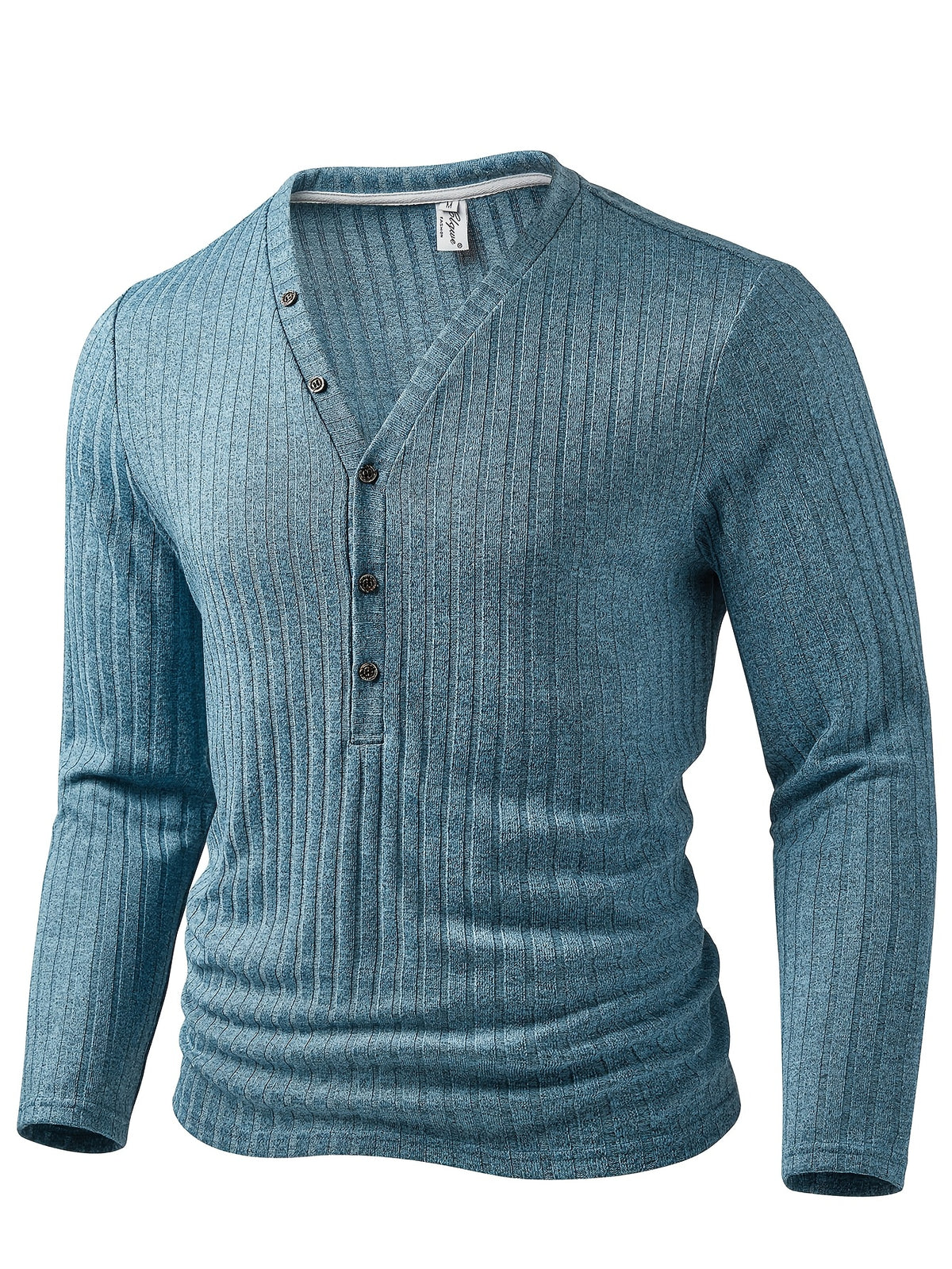 Men's Fashion Top, Autumn/Winter Outdoor Casual Base Layer, Textured Ribbed Fabric, Solid Color V-Neck Button-Up Long Sleeve Henley Shirt with Patch Pocket - Light Blue
