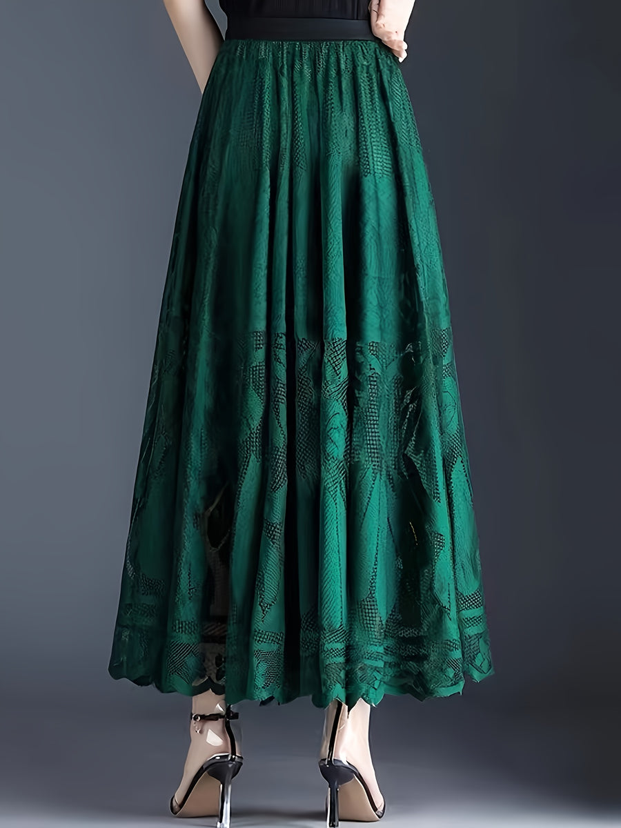 Elegant Women's A-Line Lace Skirt - Long Pleated Design with Intricate Floral Patterns, Lightweight Polyester, Ideal for Spring/Summer/Fall Events, Spring Summer Fashion|Aline Skirt|Polyester Fabric - Dark Green