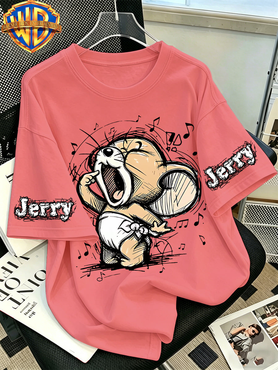Warner Bros. Official Classic Character Music Singing Mouse Print T-Shirt, Men'S 100% Casual Comfortable Multi-Functional Loose Summer Short Sleeve T-Shirt, Suitable for Outdoor Wear - Watermelon Red