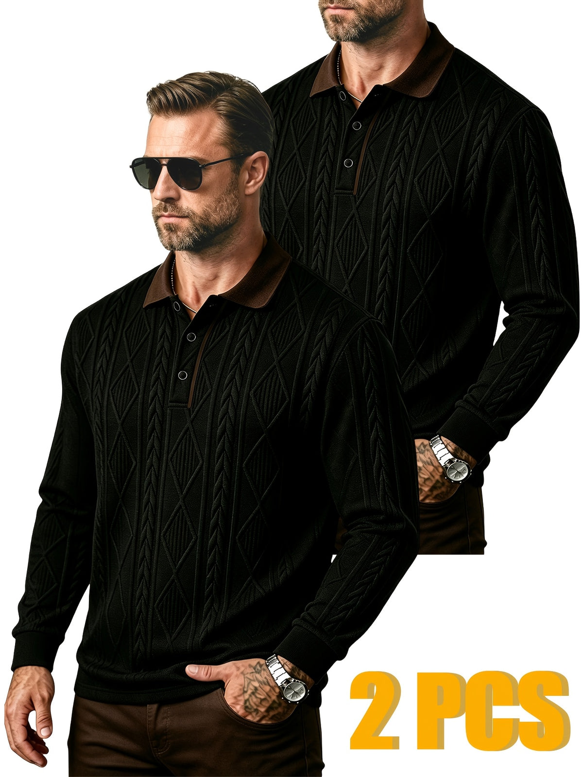 2pcs Men's Fashion Long-Sleeve Polo Shirt | High-End Contrast Color Lapel Jacquard Design T-Shirt | Essential Golf Polo Outfit | Breathable, Warm, Skin-Friendly, and Comfortable | for Indoor Gatherings and Outdoor Sports | Wardrobe Essential Casual - Black+black