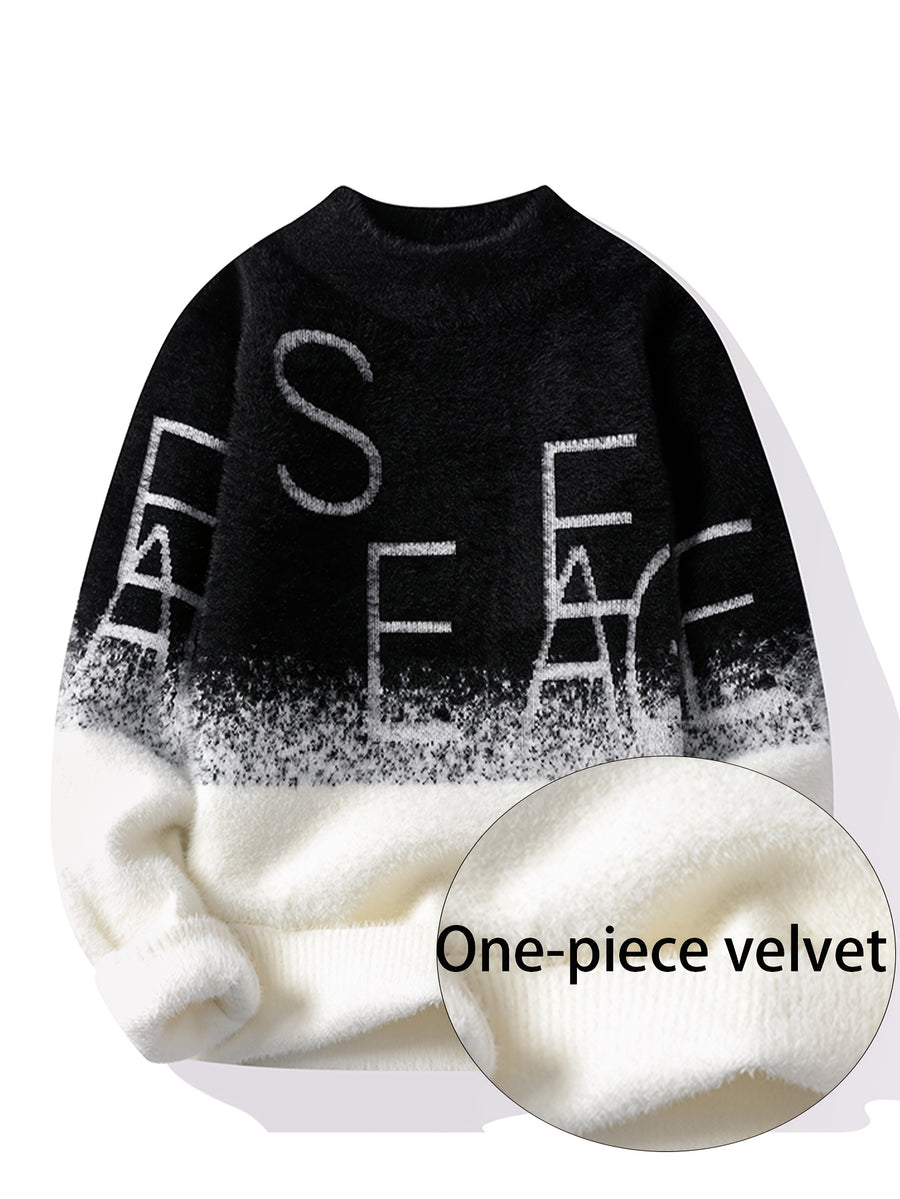 Autumn and Winter New Retro Lazy Style Youth Men's Round Neck Knitted Sweater Letter Jacquard Sweater Fashionable Top - Black