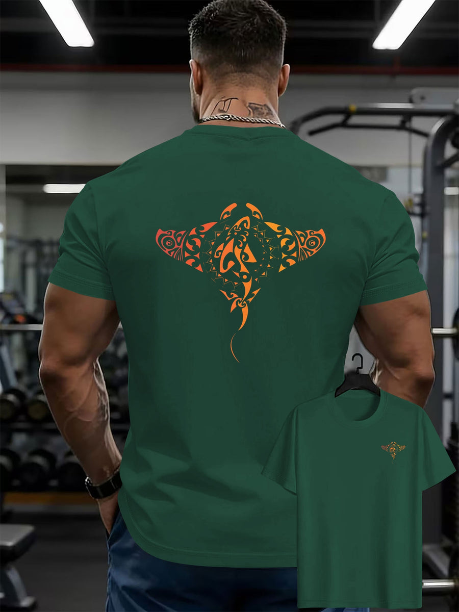 100% Men'S T-Shirt, Multi-Colors Available, Men'S Manta Ray Pattern T-Shirt, Front And Back Print T-Shirt, Summer Casual Round Neck Short Sleeve T-Shirt - Dark Green