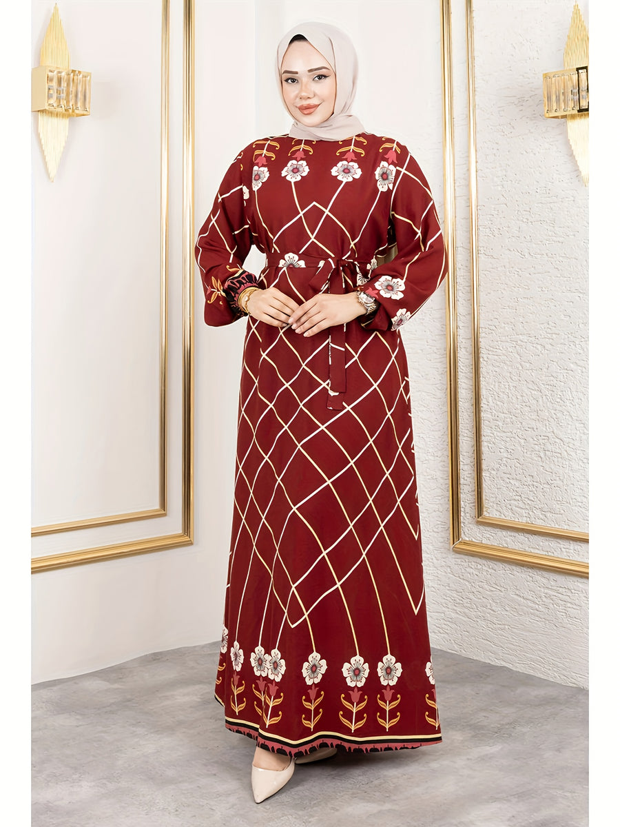 New Middle Eastern Muslim Elegant Temperament Floral Print Round Neck Tie-Up Abaya, Headscarf Not Included - Burgundy