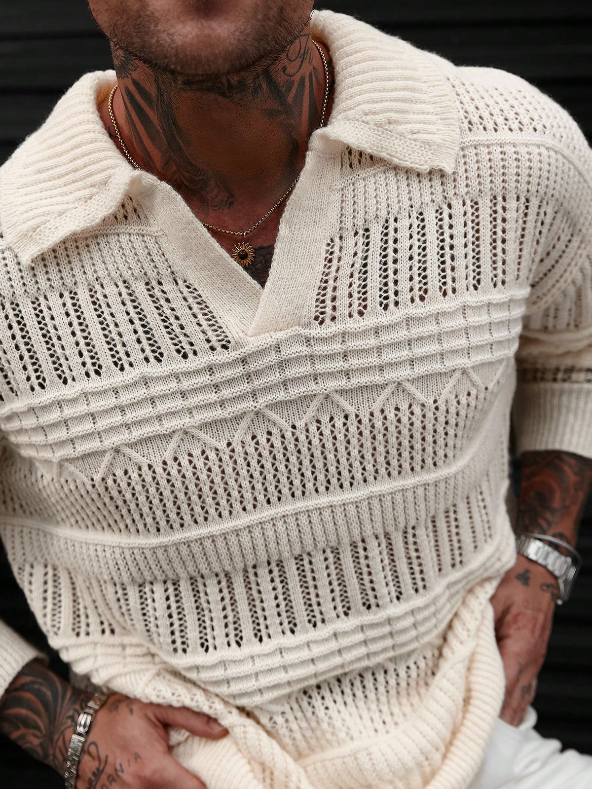 Men's Hollow-Out Crochet Knit Polo Shirt, V-Neck Long Sleeve Sheer Mesh Knit Pullover, Lightweight and Breathable Textured Sheer Knit Top, Suitable for Autumn, Street Style, Beach Vacations, Casual Dates, Night Outings, and Daily Layering - Milky