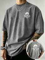 Men's Vintage Washed Heavyweight Pure Cotton Short-Sleeve T-Shirt with Nordic Compass Scenery and Mountain Forest Pine Tree Line Art Print - Grey