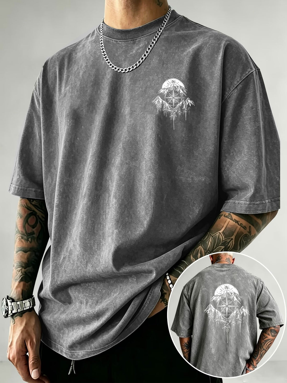 Men's Vintage Washed Heavyweight Pure Cotton Short-Sleeve T-Shirt with Nordic Compass Scenery and Mountain Forest Pine Tree Line Art Print - Grey