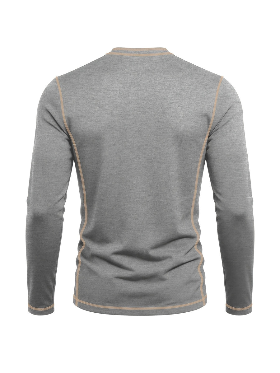 Men's Retro Patchwork T-Shirt - Solid Color Base with Contrast Patch Suitable for Fall/Winter, Round Neck Long Sleeve Casual Layering Top, Machine Washable Blending Shirt for Outdoor & Casual Attire (Regular Fit) - Light Grey