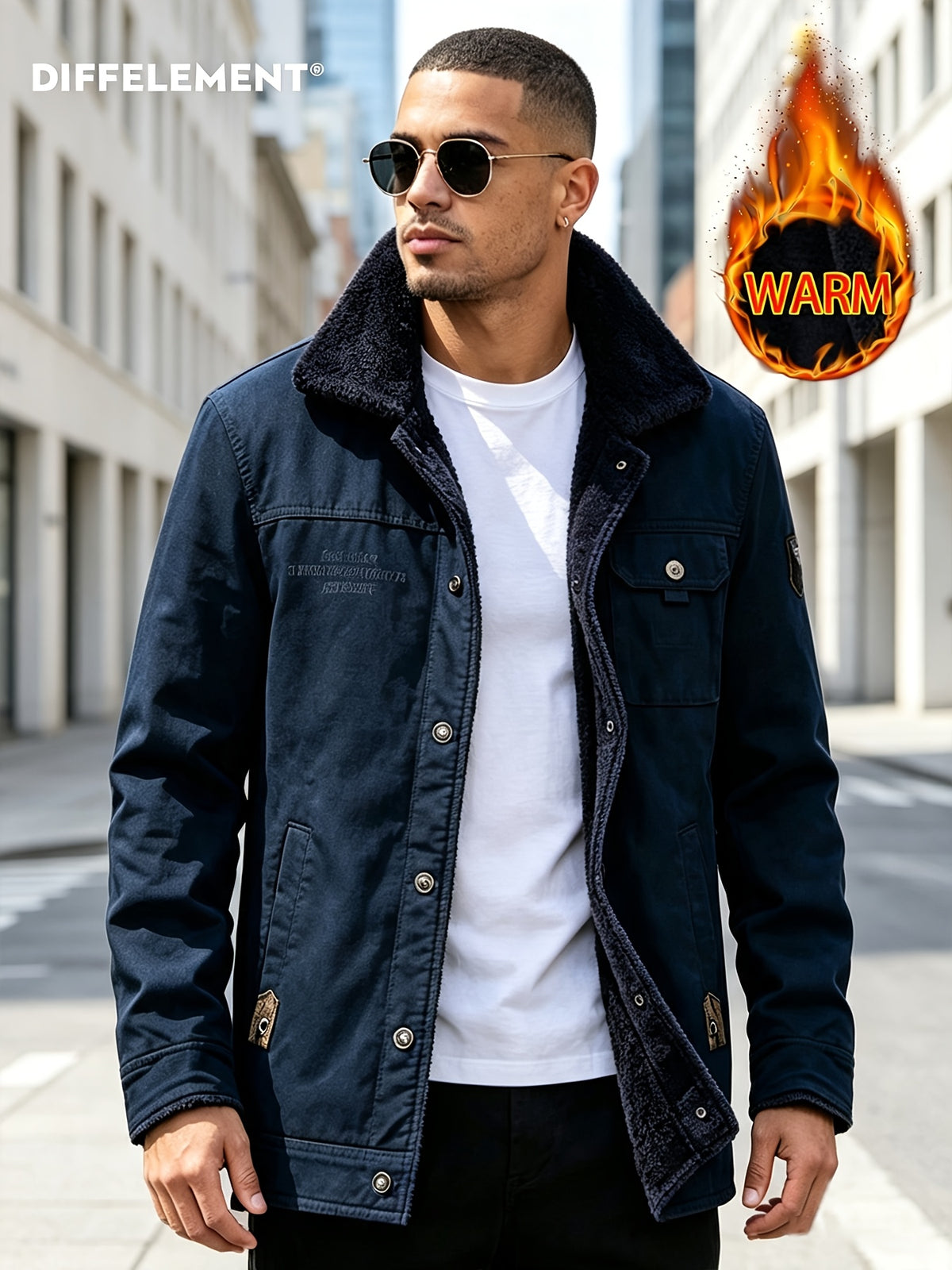 DIFFELEMENT Men's Lapel Workwear Jacket with Temperature-Locking Cold-Resistant and Wear-Resistant Snap Button Placket, Multiple Pockets for Storage, Chest Embroidery Decoration, Label Detail, Neat Stitching Craftsmanship, Classic Vintage Workwear - Navy Color