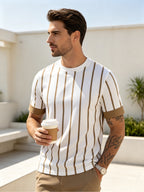 Men's Summer T-Shirt, Light Luxury Khaki Vertical Stripe Contrast Color Print, Comfortable and Breathable, for Urban Commuting, Casual, and Vacation, Versatile Men's Apparel [Printed Design – Not Textured] - Mixed colors