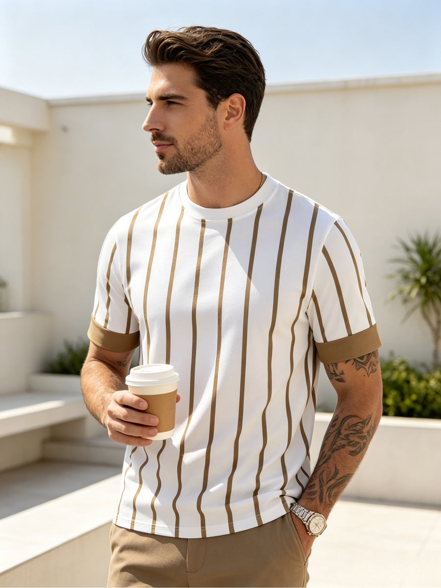 Men's Summer T-Shirt, Light Luxury Khaki Vertical Stripe Contrast Color Print, Comfortable and Breathable, for Urban Commuting, Casual, and Vacation, Versatile Men's Apparel [Printed Design – Not Textured] - Mixed colors