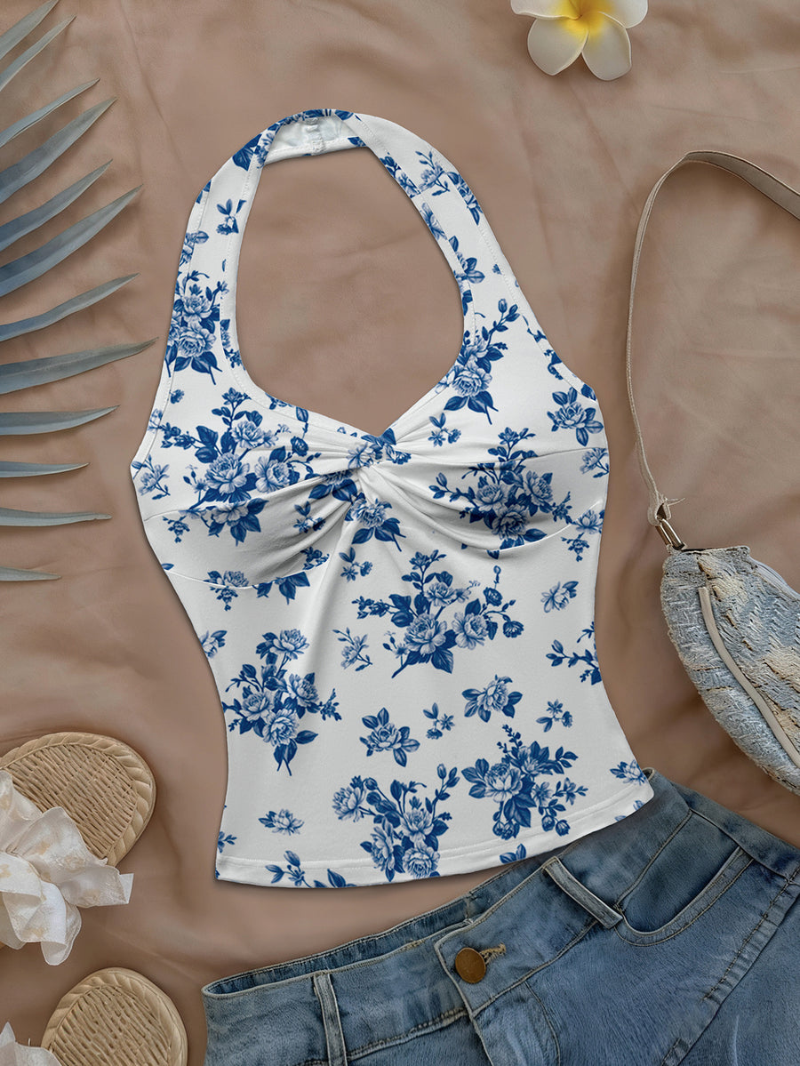 Women'S Spring/Summer New Arrival Daily/Dating/Vacation Casual Printed Twist Front Halter Neck Crop Top - Royal Blue