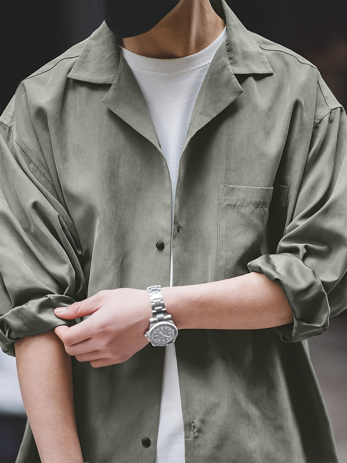 Spring And Summer New American Retro Cuban Collar Long-Sleeved Shirt Men'S Loose Drape Casual Shirt High-End Old Money Style Layering Artifact Japanese Cityboy Street Ruffian Handsome Style Thin Jacket - Light Grey
