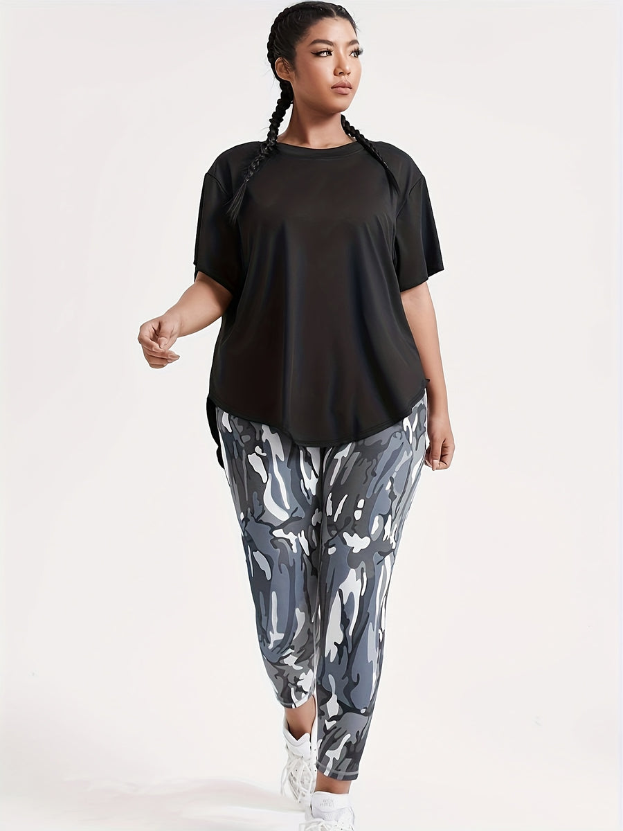 2pcs Plus Size Women's Spring/Summer Casual Sportswear Set: High-Waisted Printed Capri Pants + Loose Solid Color Short Sleeve T-Shirt for Outdoor/Indoor Fitness, Running, Yoga - Mixed colors