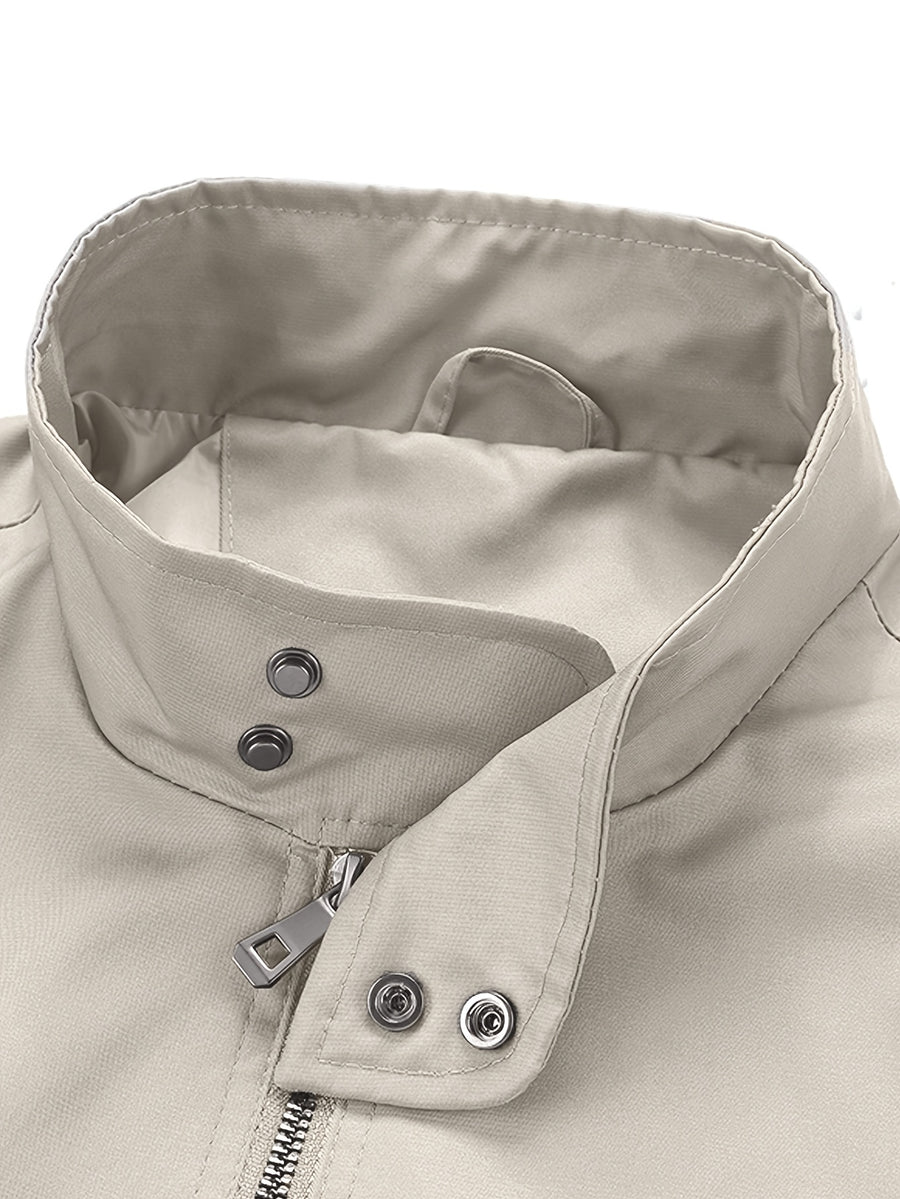 Men'S Spring Autumn Stand-Up Collar Casual Jacket, 100% Loose Fit, Ribbed Cuff Zippered Cardigan Coat, Solid Color Multi-Pocket Men'S Sporty Jacket, Suitable for Commuting, School, Daily Walking, Weekend Outings - Light Grey