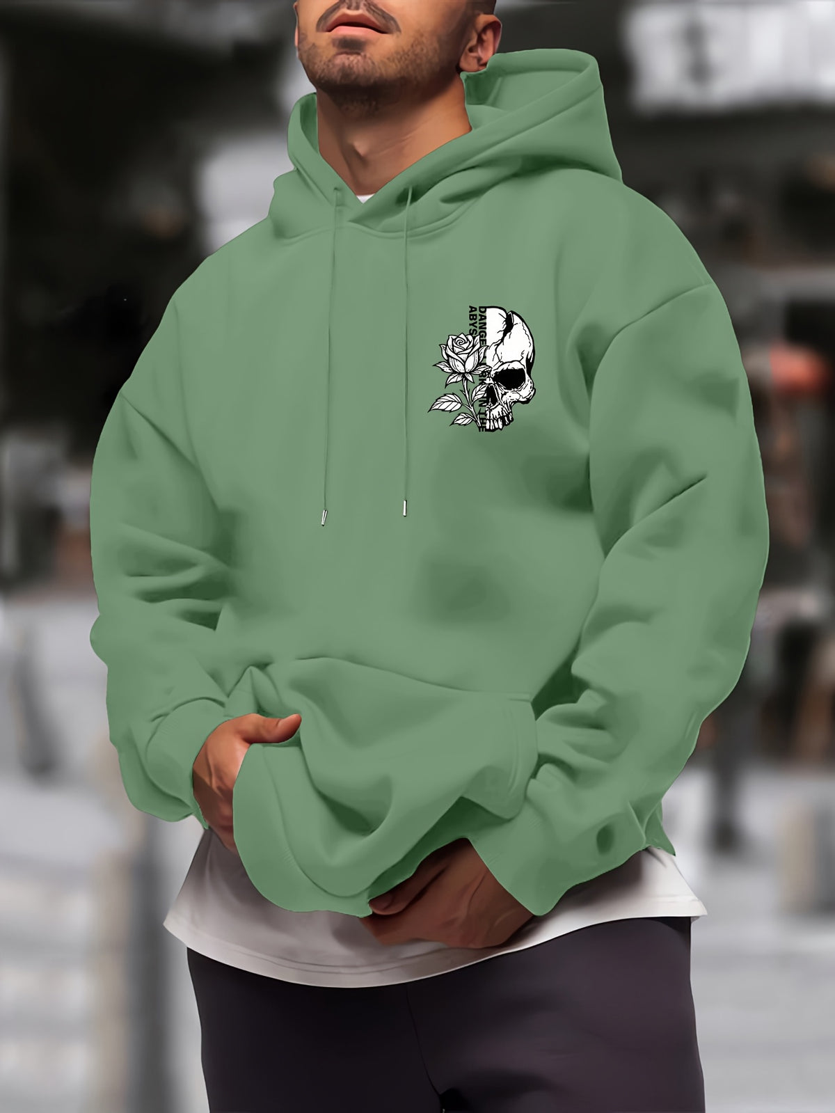 New Trendy Men'S Autumn And Winter Hooded Sweatshirt, Casual Everyday Drawstring Hoodie with Creative Design Print, Kangaroo Pouch Front Pocket, Unisex Tops - Light Green