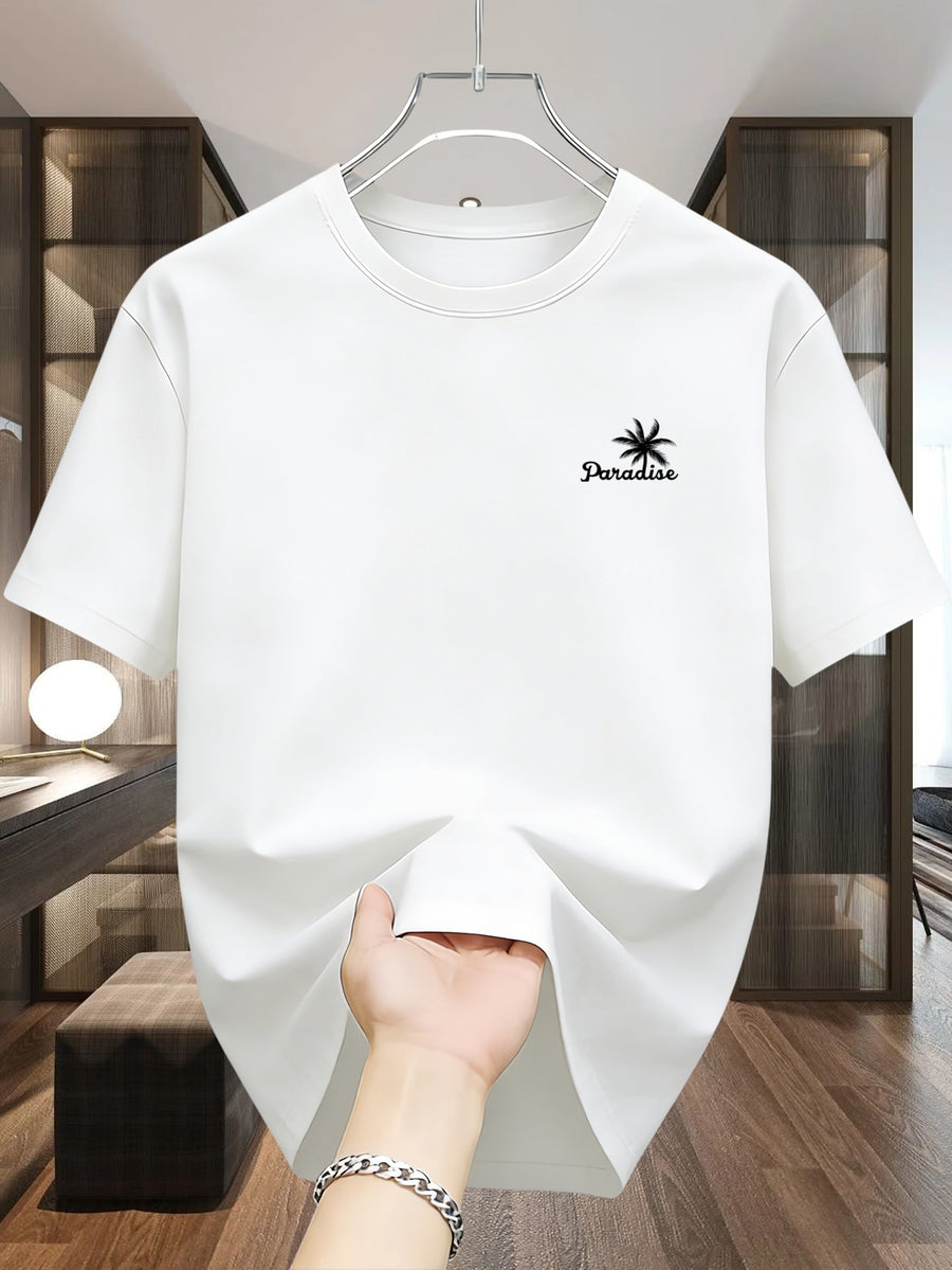 Men'S T-Shirt Short Sleeve, Coconut Letter Print, Easy Casual Style, Summer Vacation Daily Wear, Comfortable And Breathable Top - White