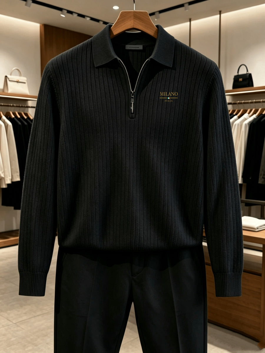Autumn/Winter Men's Long-Sleeve Lapel Outdoor Casual Sport Half-Zip Printed Polo Shirt - Black
