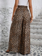 Vacation-style Leopard Print Wide-Leg Pants, Elastic Waist with Drawstring, Flared Casual Trousers with Pockets, Loose Fit Floor-Length Pants, European and American Style Outfit, Summer Solstice - Mixed colors