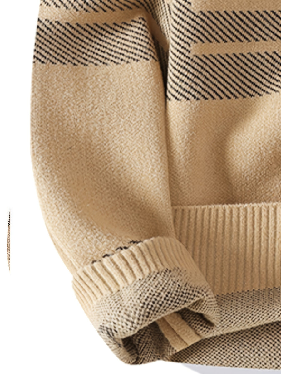 2026 Autumn/Winter New Men'S Round Neck Jacquard Sweater Fashion Contrast Knitted Hoodie Casual Top - Khaki