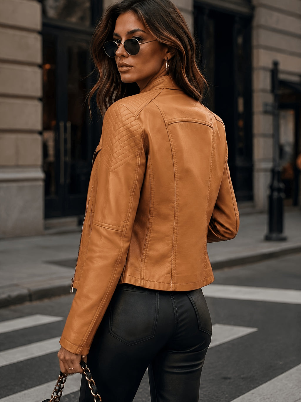 In-Stock/Women'S Casual PU Jacket, Women'S Biker Coat, Spring Autumn Motorcycle Jacket, Vacation Travel Outerwear, Retro Fashion Design - Camel