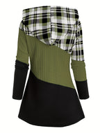 Women's Plaid Patchwork Hooded Long Sleeve Drawstring Pullover Casual Fashion Hoodie - Olive Green