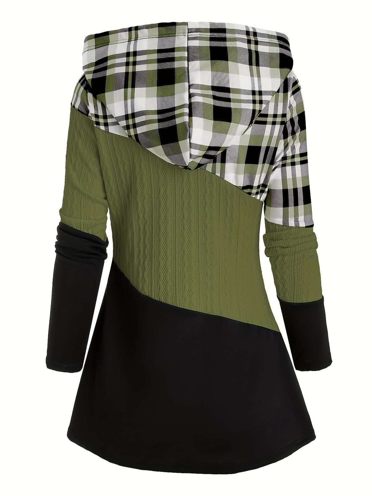Women's Plaid Patchwork Hooded Long Sleeve Drawstring Pullover Casual Fashion Hoodie - Olive Green