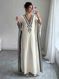 Women's Elegant V-Neck Short Sleeve Maxi Dress - Floral Print A-Line Loose Fit Long Dress, Machine Washable Spring Summer Fall Casual & Formal Wear, Short Sleeve Dress, Contrasting Design Elements - White