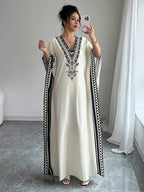 Women's Elegant V-Neck Short Sleeve Maxi Dress - Floral Print A-Line Loose Fit Long Dress, Machine Washable Spring Summer Fall Casual & Formal Wear, Short Sleeve Dress, Contrasting Design Elements - White