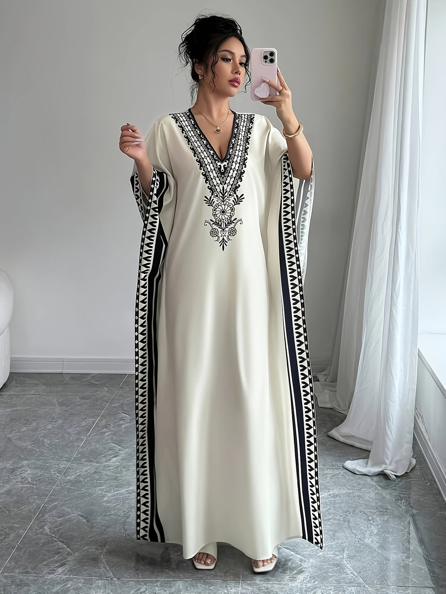 Women's Elegant V-Neck Short Sleeve Maxi Dress - Floral Print A-Line Loose Fit Long Dress, Machine Washable Spring Summer Fall Casual & Formal Wear, Short Sleeve Dress, Contrasting Design Elements - White