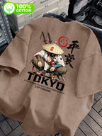 Men's 100% Cotton Washed "Japanese Dark Gothic Style Printed T-Shirt, Samurai Illustration Design, Enhances Outfit Recognizability" Front and Back Double-Sided Print - Casual Cotton Versatile Loose-Fit Summer Crew Neck Short Sleeve - Coffee Color