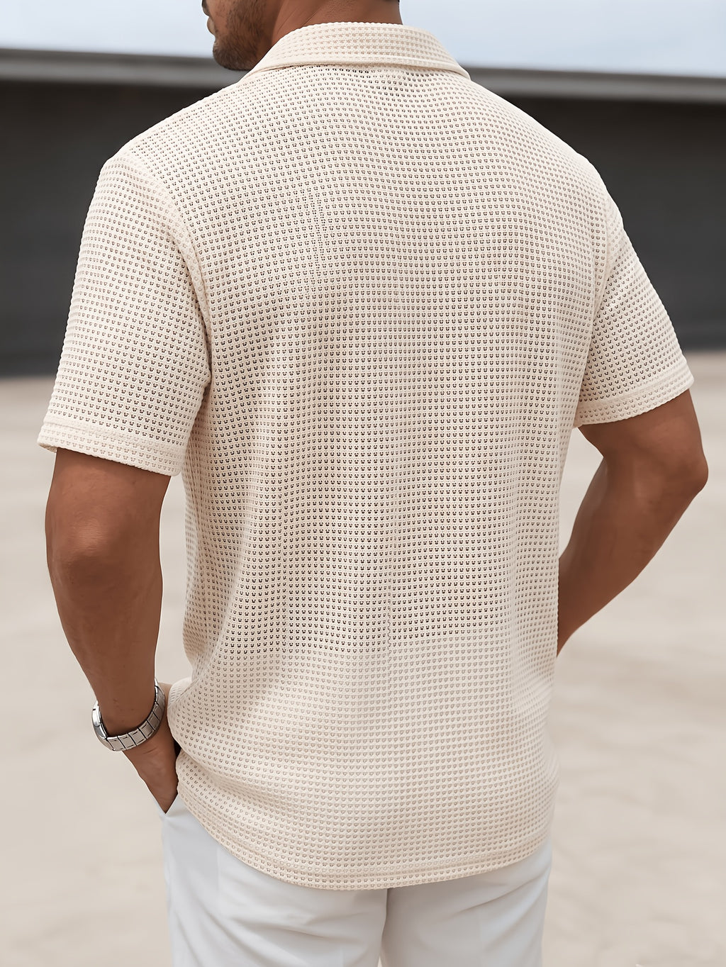 Men's Polo Shirt Short Sleeve Summer Apparel, Hollow-Out Buttonless Thin Mesh Semi-Transparent Knitted Sweater, Casual Fashion Sport Top - Apricot