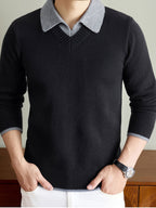 Men'S Thickened V-Neck Pullover Long Sleeve Faux Vest Knit Sweater, Autumn/Winter Style, Light Mature Business Casual - Black