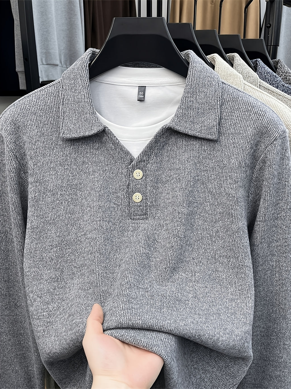 New Autumn/Winter Men's Pullover, Faux 2pcs Long Sleeve Lapel Knit Sweater, Geometric Pattern Men's Button-Up Sweater, Business Casual Fashion Versatile Solid Color Men's Top, Suitable for Daily Outings in Spring and Autumn, Men's Gift, First Choice - Light Grey