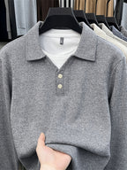 New Autumn/Winter Men's Pullover, Faux 2pcs Long Sleeve Lapel Knit Sweater, Geometric Pattern Men's Button-Up Sweater, Business Casual Fashion Versatile Solid Color Men's Top, Suitable for Daily Outings in Spring and Autumn, Men's Gift, First Choice - Light Grey