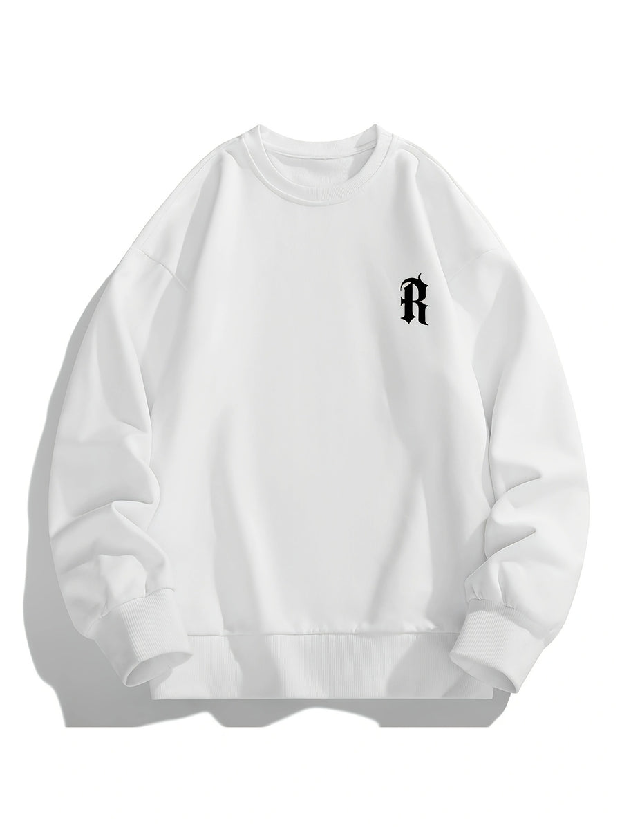 Men'S Crew Neck Sweatshirt, Spring And Autumn Chest Logo Print Pullover Top, Youth Loose Casual Versatile Long Sleeve Base Shirt - White