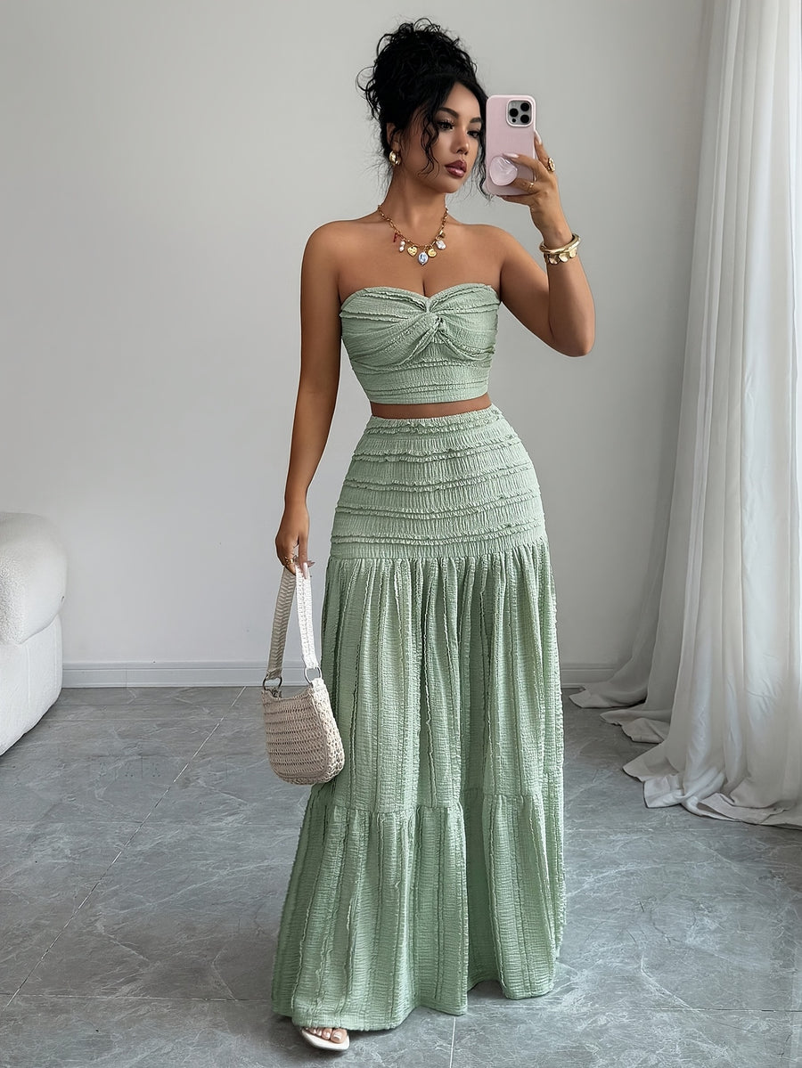 Women'S Jacquard Twisted Short Top And Loose Skirt Set, Elegant Fashion, Suitable for Birthday, Date, Party, Formal Occasions, Music Festival, Valentine'S Day, Easter, Labor Day, Back to Party, Singles' Day, Spring And Summer Wear - Olive Green