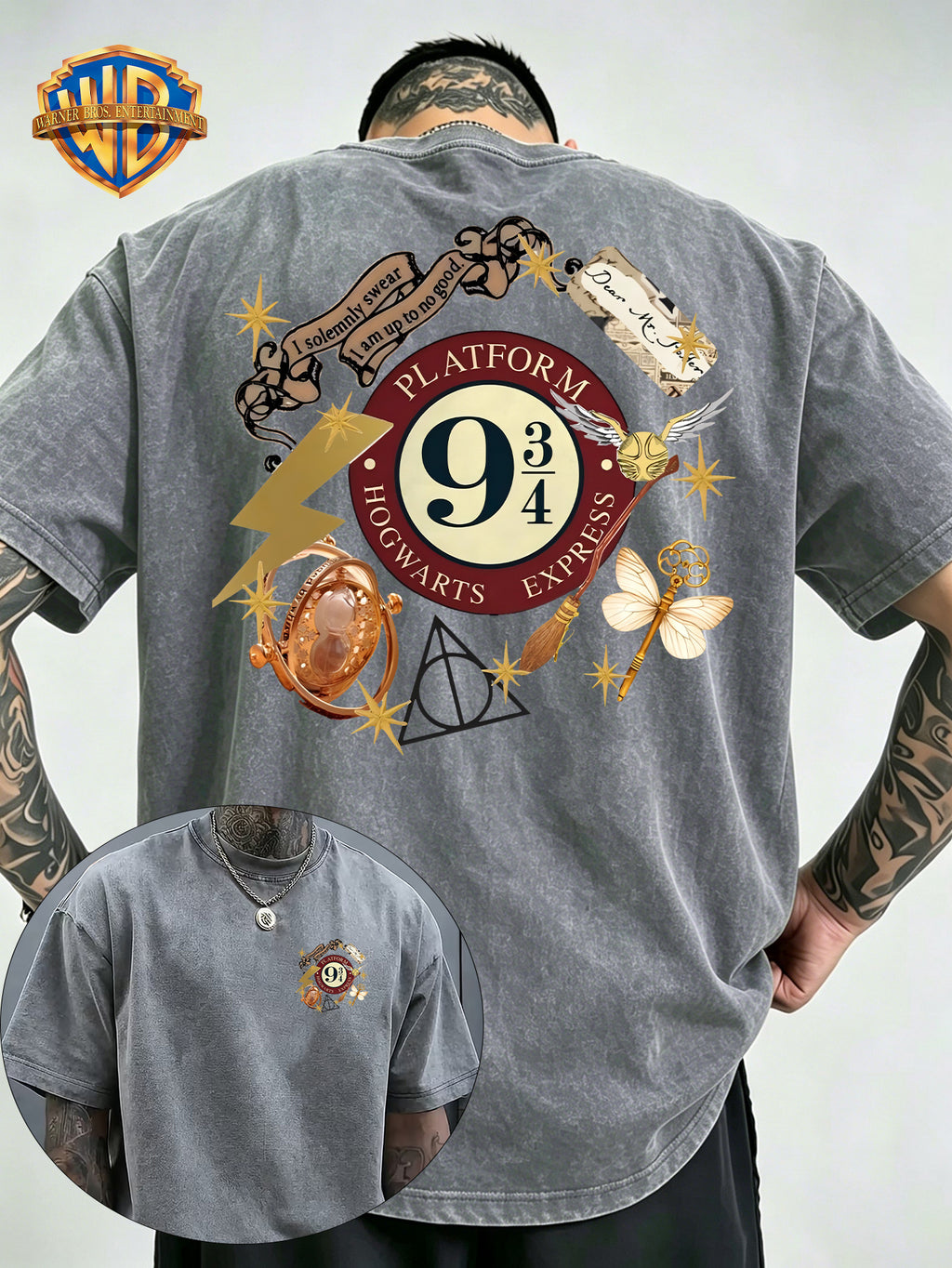 Warner Bros Official Vintage Magic Props Collection Print Washed Distressed T-Shirt, Men's 100% Pure Fabric, Casual and Comfortable Style, Loose Fit Breathable Short Sleeve Men's Casual Top, Distressed Washed Loose Fit - Grey