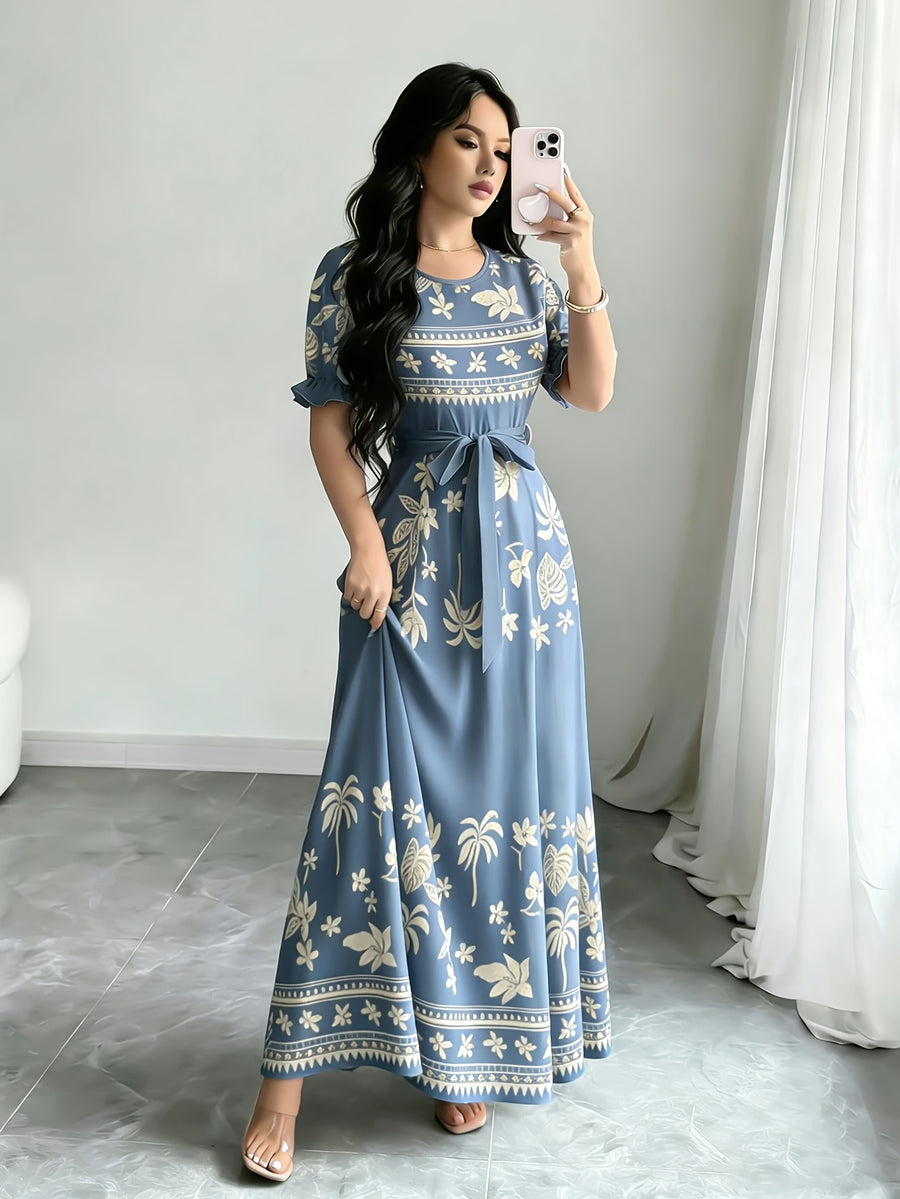 Holiday Gathering Vacation Dress Printed Dress Women'S Fashion Round Neck Short Puff Sleeve Skirt Design with Belt Waist-Cinching Long Dress Elegant Summer Dress ASD1 - Bright Steel Blue
